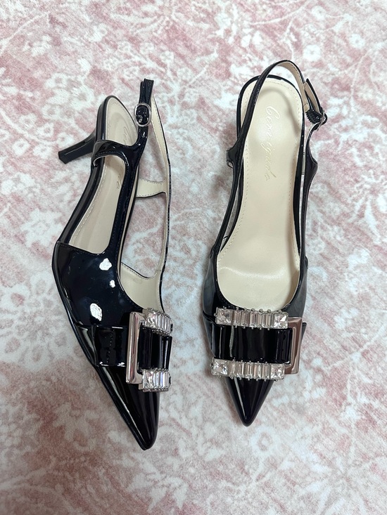 Shoes - NEW 🖤 Crystal Buckle Patent Leather Slingback Pointed Heels